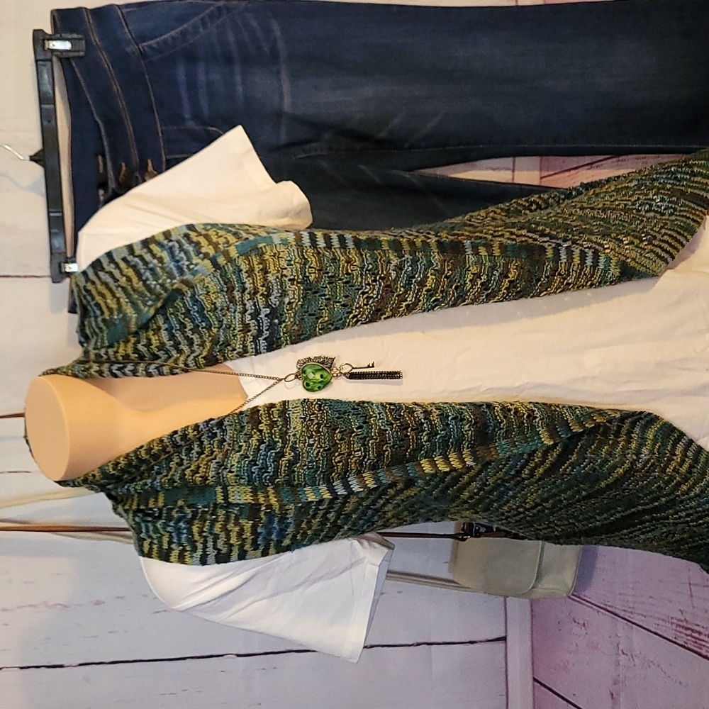 New Directions Waterfall High Low Open Loose Knit Vest in Blue Green